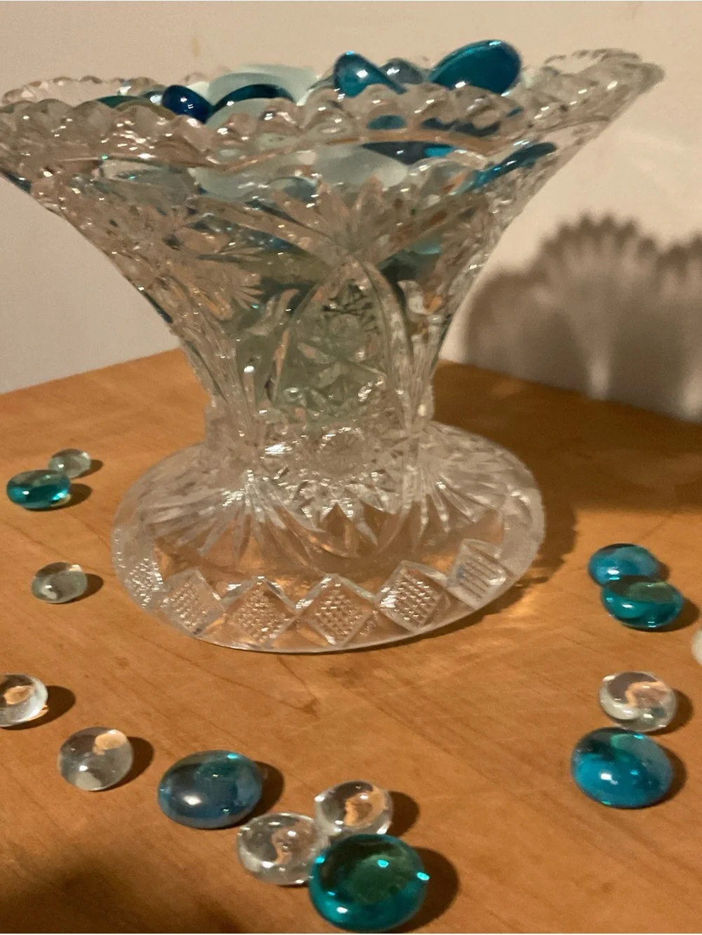Cut Glass Compote Filled with Blue & Aqua Glass Gems